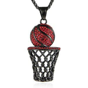 18k basketball hoop rim CZ stainless steel pendant box 22" chain necklace NWT